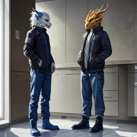 Bionic Mechanical Dragon，Golden Dragon，female，Humanoid，White down jacket，Blue cotton pants，Cotton boots，Standing on the porcelain floor of the apartment。HD graphics，Detailed and realistic，high detal，high qulity