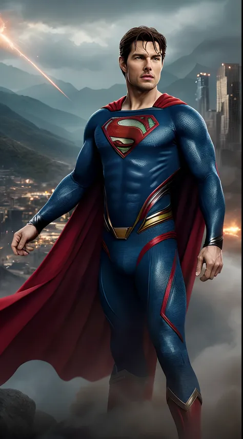 With a sense of grandeur, Tom Cruise aparece en la pantalla, ataviado con el legendario traje de Superman, brought to life in stunning 8K resolution. Scarlet and blue fabric perfectly covers his athletic figure, accentuating the ribbed muscles and subtle c...