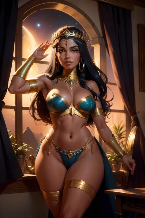 Arte detalhista estilo John Buscema, cleopatrah,the princess of the Nile stands in front of the window of her chambers enjoying the moonlight, voluptuosa, sedutora, Egito antigo, muito linda, seios grandes