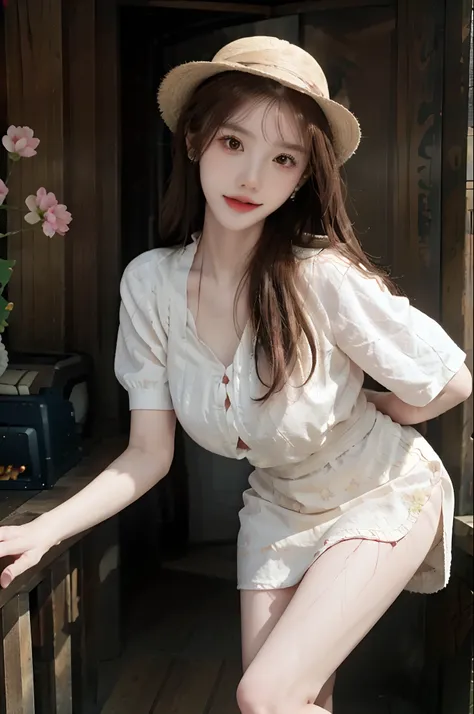 Best quality, masterpiece, super high resolution, full body, thighs, (realistic: 1.4), original photo, 1 girl, hairpins, earrings, jewelry, brown hair, looking at the viewer, lips, playful, among the flowers, happy, lively, with straw hat, flowers