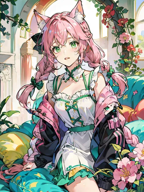 cat ear，Twist braids，dual horsetail，A pink-haired，Room Wear，teens girl，is shy，Green eyes