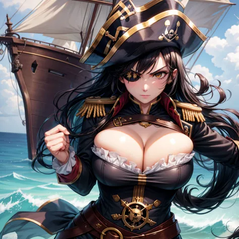 1 woman, pirate captain, bursting breasts, cleavage, torn clothes, long black hair, eye patch, on a ship, XIX century, ships, sunny day, armed, serious expression