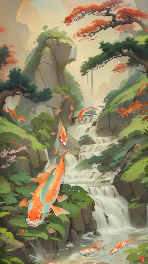 dim moonlit night ,In Japanese legend, a carp climbs a waterfall and becomes a oriental dragon (an auspicious creature in Chinese mythology), 🐲. koi fish, carp (esp. the Japanese carp, Cyprinus carpio), The carp swims towards the upper reaches of the water...