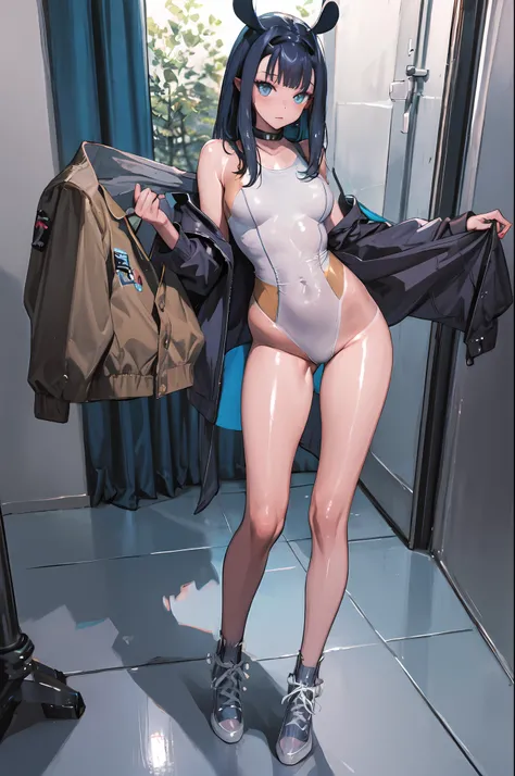 "highleg Leotard, open jacket, masterpiece, fishnet stockings, skyrise, tanlines"