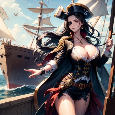 1 woman, pirate captain, big breast, torn clothes, long black hair, eye patch, on a ship, XIX century, ships, sunny day, armed, serious expression