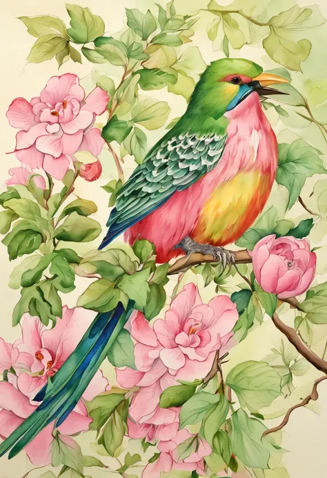 Green birds perch on pink paper branches, in the style of hyperrealistic illustrations, grandeur of scale, jungle core, Red and green, Historical illustration, Elongated shape, Flamboyant