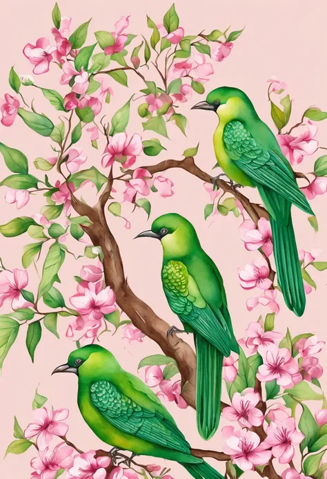 Green birds perch on pink paper branches, in the style of hyperrealistic illustrations, grandeur of scale, jungle core, Red and green, Historical illustration, Elongated shape, Flamboyant