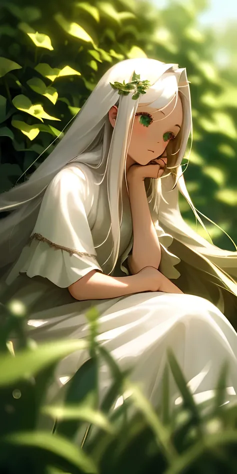 (masterpiece, best quality),1girl with long white hair sitting in a field of green plants and flowers, her hand under her chin, warm lighting, white dress, blurry foreground