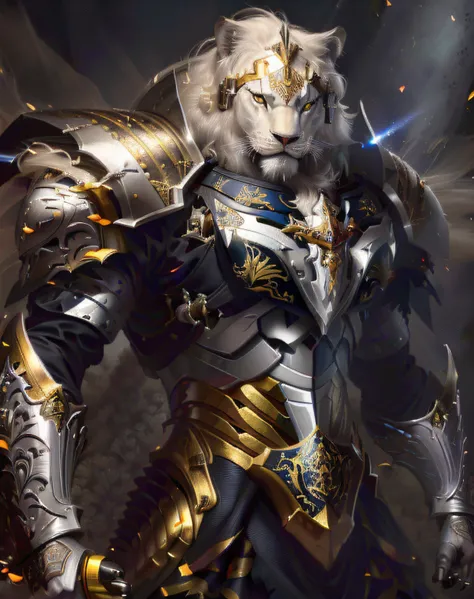 um guerreiro leao brano em armadura com uma espada e armadura, O Cavaleiro da Armadura do Gato Dourado, leao branco_besta, vestindo armadura de gato dourado, armadura pesada de ouro. dramatic, Armadura Dourada, anthropomorphic white lion, cabelos longos e ...