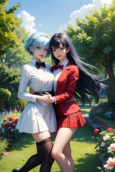 ((two girls,duo,stroking))"Beautiful female characters in anime style、Short blue hair、eBlue eyes、A smile、blazers、white  shirt、red bowtie、red plaid skirt、Figures in black stockings、Bouquet in hand、Scene of dancing in the summer garden。With high-quality depi...