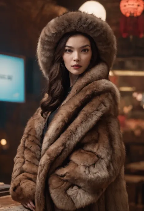 araffed image of a woman in a fur coat and pants, overlaid with chinese adverts, love death and robots, chell, pith helmet, trending on character design, the handbag is over a wood table, retaildesignblog.net, movie poster of the punic wars, iconic logo sy...