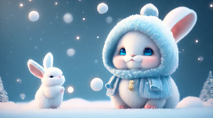 a winter full of regret, drifting snow, a super cute baby pixar style white fairy rabbit, shiny snowwhite fluffy, big bright eyes, fluffy tail, wearing a cyan sweater, wearing cyan a hat, smile,delicate and fine, fairy tales, incredibly high detailed, pixa...