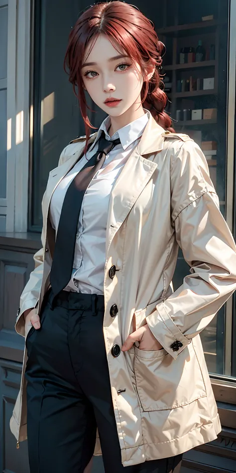 photorealistic, high resolution, soft light,1women, solo, hips up, shining skin, (detailed face), hands in pockets, braided ponytail, ringed eyes, formal, coat, collared shirt, black necktie, black pants, red hair