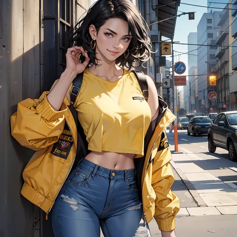 (1 woman), (Solo), mature, Deep black hair, Wavy hair, Short hair, Pale skin, Cropped yellow shirt, Jeans jacket,  medium boob,, dark blue denim jeans, Arrogant smile, ((High quality)), ((Very detailed))