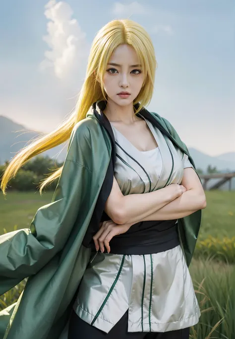 real Life adaption of this character,her name is Tsunade senju from anime naruto ,she wear green cloak realistic, ultra realistic ,very realistic detailed yellow hair, high resolution, photorealistic,very detailed,very realistic outfit, Asian face,detailed...