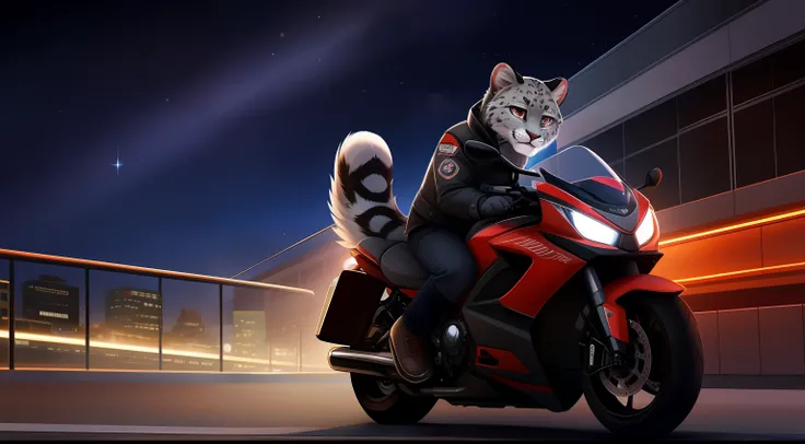 Furry mascot，Lovely image，Gray snow leopard，Redstone，Black motorcycle，Cute little animals，Fluffy tail，On the city highway，full of lights，Cubs，is in night，nigh sky, stars，Close-up of cute characters