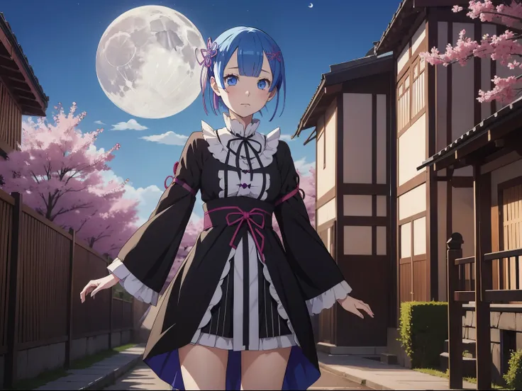 kimetsu_no_yaiba style, rem(re:zero), ​masterpiece、top-quality、1girl, moon, natta、full bodyesbian、is standing、solitude、nervousne...