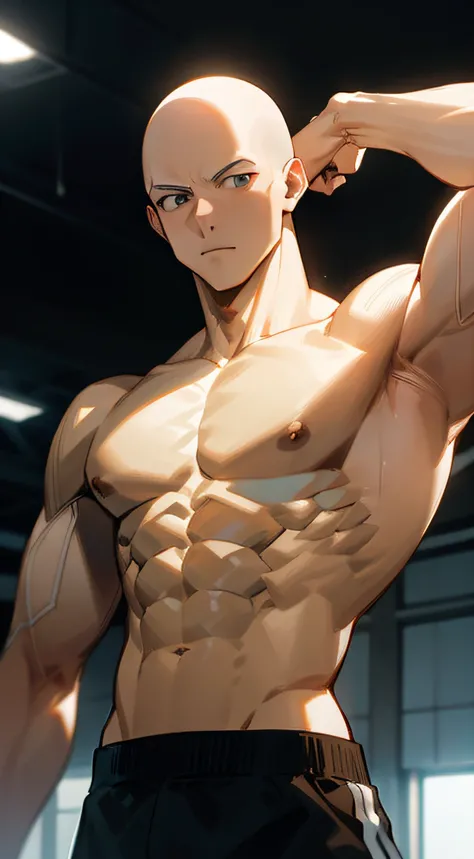 generate a gym photo of Saitama, cinematic, studio, hyper quality, detailed, 4k, ((master piece)), muscular body, abs, gym background, (no hairs on head), (bald hair)