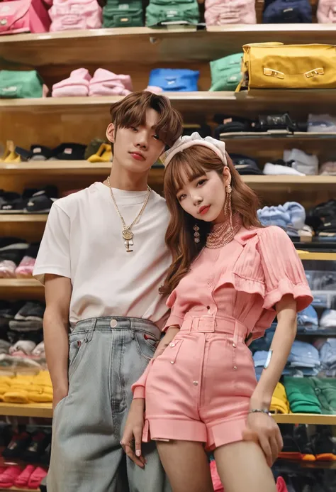 they are posing for a picture in a clothing store with a cell phone, couple pose, lovely couple, couple, 🤬 🤮 💕 🎀, ulzzang, 😭 🤮 💕 🎀, with her long, 🐝👗👾, happy couple, in love selfie, sakimichan, lalisa manobal, 🚿🗝📝