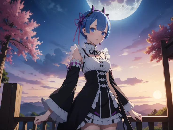 kimetsu_no_yaiba style, rem(re:zero), ​masterpiece、top-quality、1girl, moon, natta、full bodyesbian、is standing、solitude、twilight、...