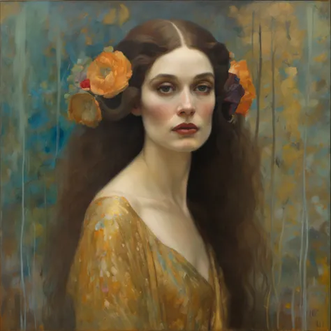 painting of a woman with a long hair and a black dress, mucha klimt and tom bagshaw, albert lynch, inspired by Gaetano Previati, gustav klimt 4 k, gustav klimt 4k, gustav klimt style, pre - raphaelite beautiful, hyperrealistic art nouveau, pre-raphaelite o...