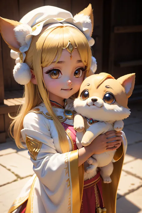 A super cute dog with big eyes, wearing white and golden ethnic style clothing, cute expression, charming smile, Super high detail, solid color background, Exquisite, 3D effect, Blind box toy, Garage Kit, Super high precision, Perfect lighting, OC renderer...