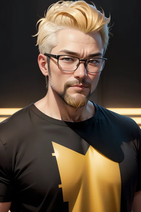 There is a European-American-Japanese man posing for a photo，wears glasses，Wear a black shirt，golden hair，Short hair on a large back，Golden beard，The background is bright