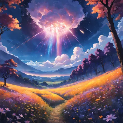 expansive landscape photograph , (a view from below that shows sky above and open field below), flower field, (full moon:1.2), ( shooting stars:0.9), (nebula:1.3), distant mountain, tree BREAK production art, (warm light source:1.2), (Firefly:1.2), lamp, l...