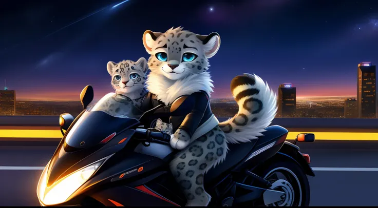 Furry mascot，Lovely image，Gray snow leopard，Black motorcycle，Cute little animals，Long fluffy tail，On the city highway，full of lights，Cubs，is in night，nigh sky, stars，Close-up of cute characters