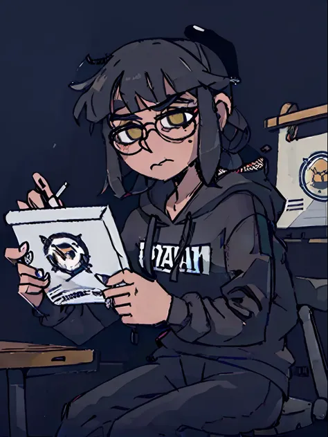 1 girl with black hair, braided hair on both sides, wearing glasses, wearing a hoodie, wearing a pair of black pants that are easy to exercise, a calm face is sitting and writing a book on a wooden table, there is a mole under her right eye Next to the gir...