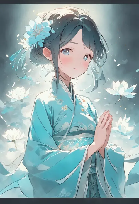 Ancient Chinese girl in light blue Hanfu smiling,Prayers are surrounded. Huge lotus flower, ,The median is transparent/Translucent pink lotus, soft, Glow,author：Yumei, Light, light blue and white, Simple white background, surrealist, , Super detail, Textur...