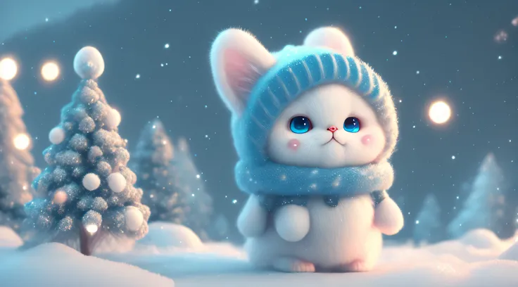 A winter full of regret，drifting snow，Super cute Pixar style kitty，Sparkling snow-white plush fluff，big bright eyes，furry tail，Wear a cyan sweater，Wearing a cyan hat，ssmile，delicated，Fairytale，Incredibly high detail，pixar-style，Bright colors，natural soft l...