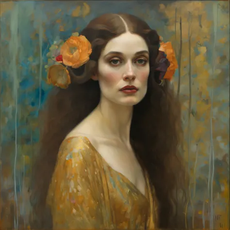 painting of a woman with a long hair and a black dress, mucha klimt and tom bagshaw, albert lynch, inspired by Gaetano Previati, gustav klimt 4 k, gustav klimt 4k, gustav klimt style, pre - raphaelite beautiful, hyperrealistic art nouveau, pre-raphaelite o...