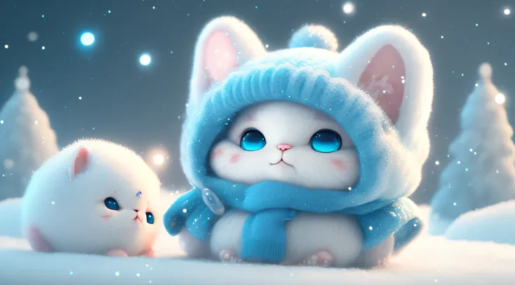 A winter full of regret，drifting snow，Super cute Pixar style kitty，Sparkling snow-white plush fluff，big bright eyes，furry tail，Wear a cyan sweater，Wearing a cyan hat，ssmile，delicated，Fairytale，Incredibly high detail，pixar-style，Bright colors，natural soft l...