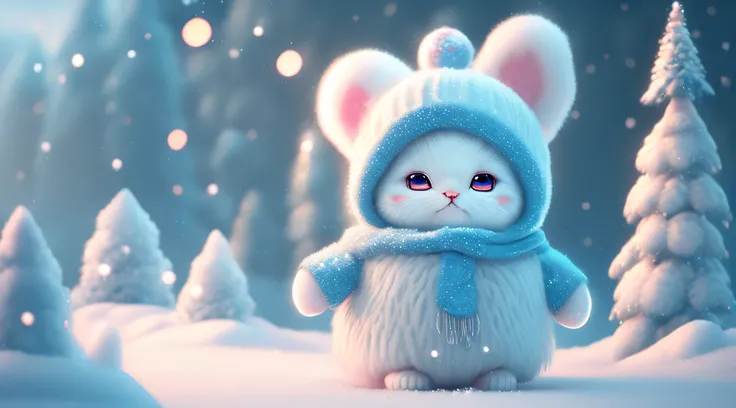 A winter full of regret，drifting snow，Super cute Pixar style kitty，Sparkling snow-white plush fluff，big bright eyes，furry tail，Wear a cyan sweater，Wearing a cyan hat，ssmile，delicated，Fairytale，Incredibly high detail，pixar-style，Bright colors，natural soft l...