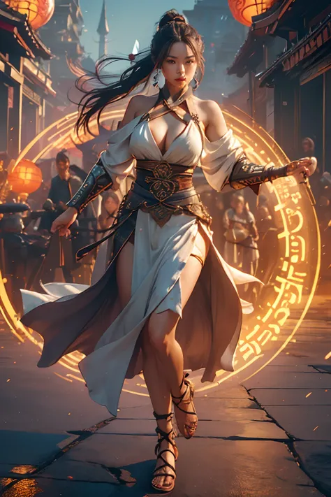 ((exposed shoulders, exposed cleavage, exposed thigh, wear strappy sandals)) Best quality, masterpiece, ultra high res,(photorealistic:1.4), xiuxian, weapon, Detailed face,
1girl, solo, weapon,(magic circle:1.2), upper body, Beautiful girl, full body, east...