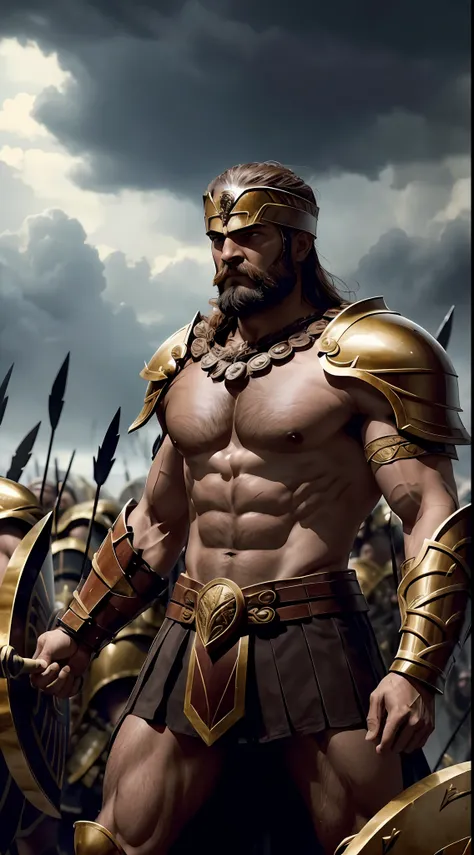 Craft an image of Leonidas and his 8000 Spartan warriors, forming a shield wall against the massive Persian force. In the background, a storm of arrows descends, underscoring the Spartan resolve in the face of overwhelming odds. epic, realistic, 8k