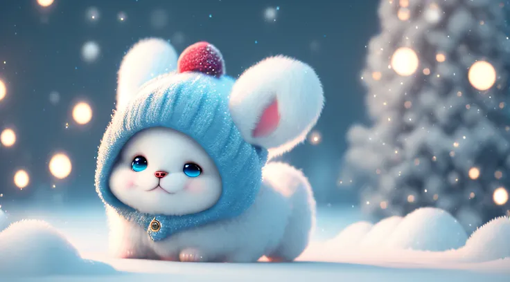 A winter full of regret，drifting snow，Super cute Pixar style puppy，Sparkling snow-white plush，Big bright eyes，Furry tail，Wear a cyan sweater，Wearing a cyan hat，ssmile，delicated，fairytale-like，Incredibly high detail，pixar-style，Bright colors，Natural soft li...