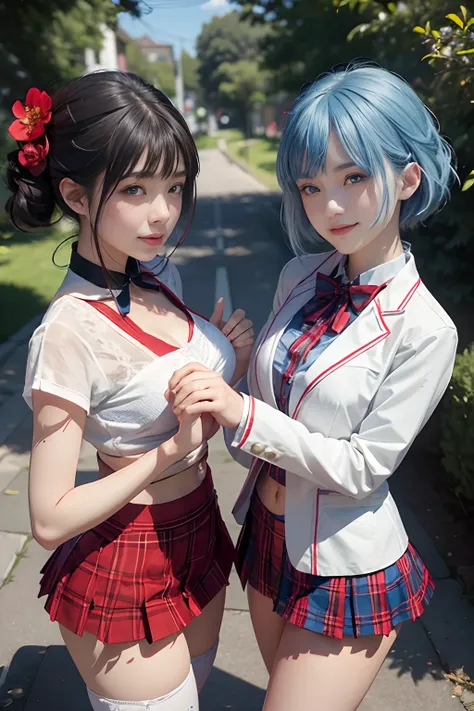 ((Two girls,duo,face focus,stroking,posture collar))"Beautiful female characters in anime style、navel,Short blue hair、eBlue eyes、A smile、blazers、white  shirt、red bowtie、red plaid skirt、Figures in black stockings、Bouquet in hand、Scene of dancing in a summer...