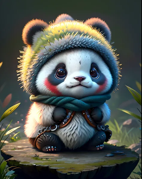 Top image quality、"Create cute creature masterpieces with inspired ultra-detailed concept art. Let your imagination come alive", （a panda）, high detailing, in 8K、Top image quality、Dressed as an adventurer in the game、Carrying weapons、Bold poses