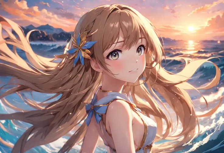 masterpiece, best quality, sea, masterpiece,best quality,official art,extremely detailed CG unity 8k wallpaper, game_cg, incredibly_absurdres, wallpaper, long hair, adorable girl, angel, ahoge, light brown hair, bangs, light smile, eyeshadow, medium breast...