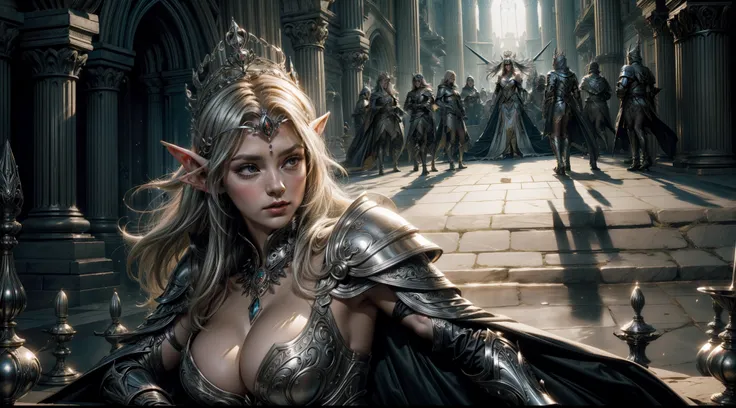 Female elf，Large breasts，Silver armor，tiara crown，dramatics，dynamicposes，The background is the palace，（Mid-range portrait：1.3），rays of sunshine，sceptre