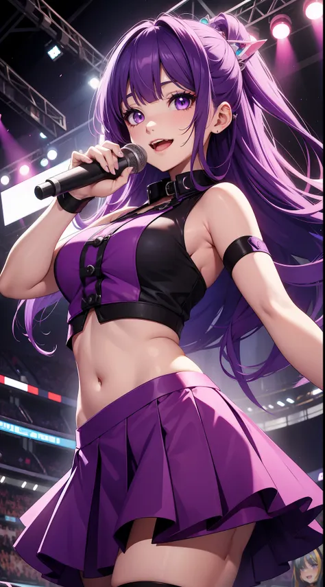 young girl, long bright purple hair, Cyan eyes, ssmile, opened mouth, pop-idol, Red Top, purple skirt, open belly, stage, Masterpiece, hiquality