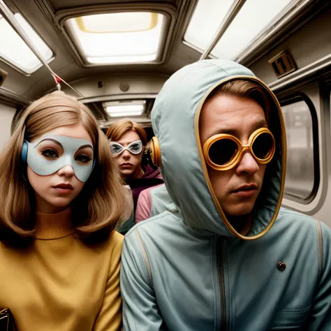 There are three people wearing masks on a subway train, no estilo Anderson Wes, Estilo Wes Anderson, inspirado em Wes Anderson, Ainda de um filme de Wes Anderson, Moody : : Anderson Wes, Ainda de um filme de Wes Anderson, Wes Anderson filme, Anderson Wes),...