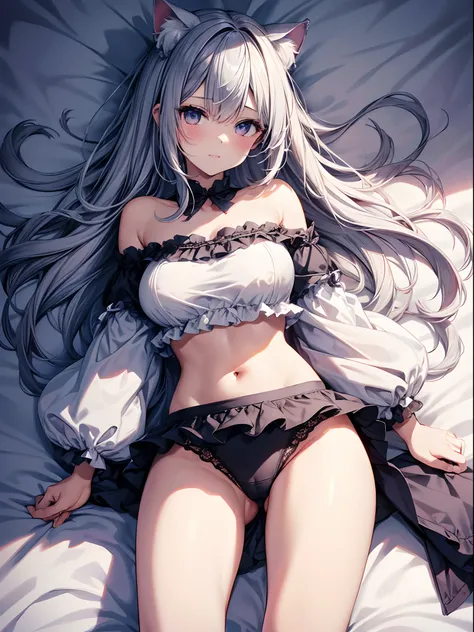 10 year old pretty girl、A slight smil、silber hair、Feline ears、Long white t-shirt up to the thigh、thighs thighs thighs thighs、Petanko breasts、Panties are visible、Lying in bed、absurderes,(​masterpiece、top-quality、8K ),intricate detailes,ultra-detailliert、Hyp...