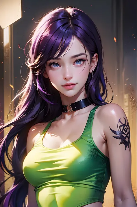 1girl, purple hair, dark green eyes, smile with teeth, shirtoff, tattoos, shiny eyes, character portrait, bare shoulders, crop top, choker, warm color palette, urban background, ultra detailed, best quality, masterpiece, (volumetric lighting, bright), pain...