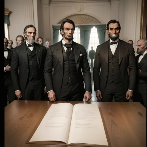 Wide angle shot of united state parliament, a scene at 1860s, american senators, (8k, RAW photo, best quality, masterpiece:1.2), ultra detailed, official art, photo-realistic:1.37, upper body shot, Abraham Lincoln is talking against slavery, film grain, ac...