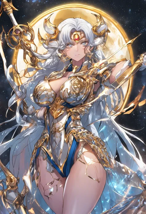 huge-breasted、obscene、Eternal Sailor Moon, Goddess, Awakened God-like Power, Confident expression, Beautiful detailed eyes, intricate clothing, ((Engraved silver seams)), Wielding a golden scythe, Glitter, Galaxy in the background, Absolutely amazing, razo...