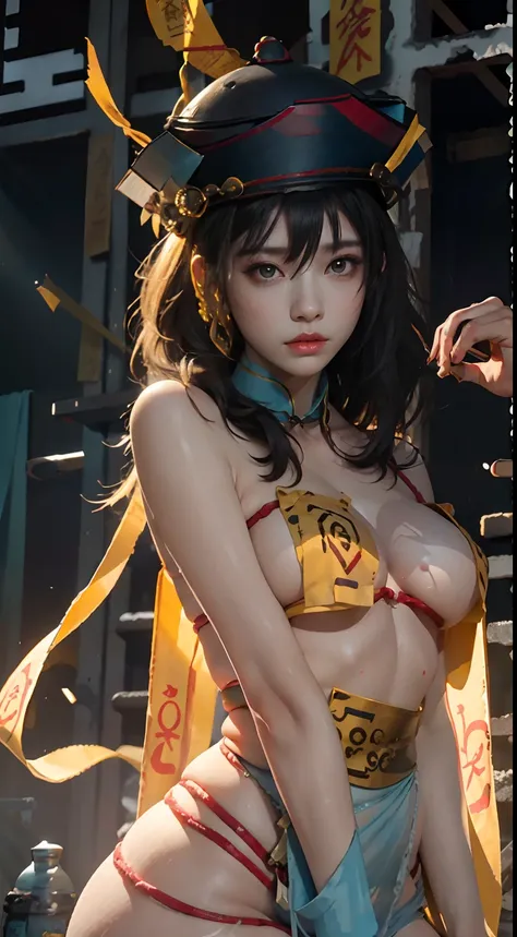 RAW, masterpiece, super fine photo, best quality, super high resolution, realistic, sunlight, a beautiful woman with yellow rune paper on her face, many yellow Taoist rune paper pasted on her body, worn cheongsam, female zombie, Hong Kong Lin Zhengying zom...