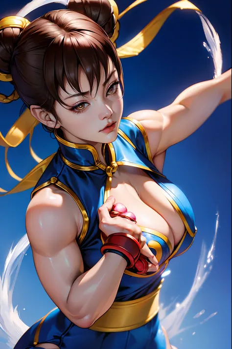 RAW photos，tmasterpiece，(extreme hight detail)，（8k），((Street Fighter character Chun Li)),((Street Fighter character Chun Li classic costume))，((Street Fighter character Chun Li classic hairstyle))，1girl，anatomy correct，Correct body proportions，Blow on brea...